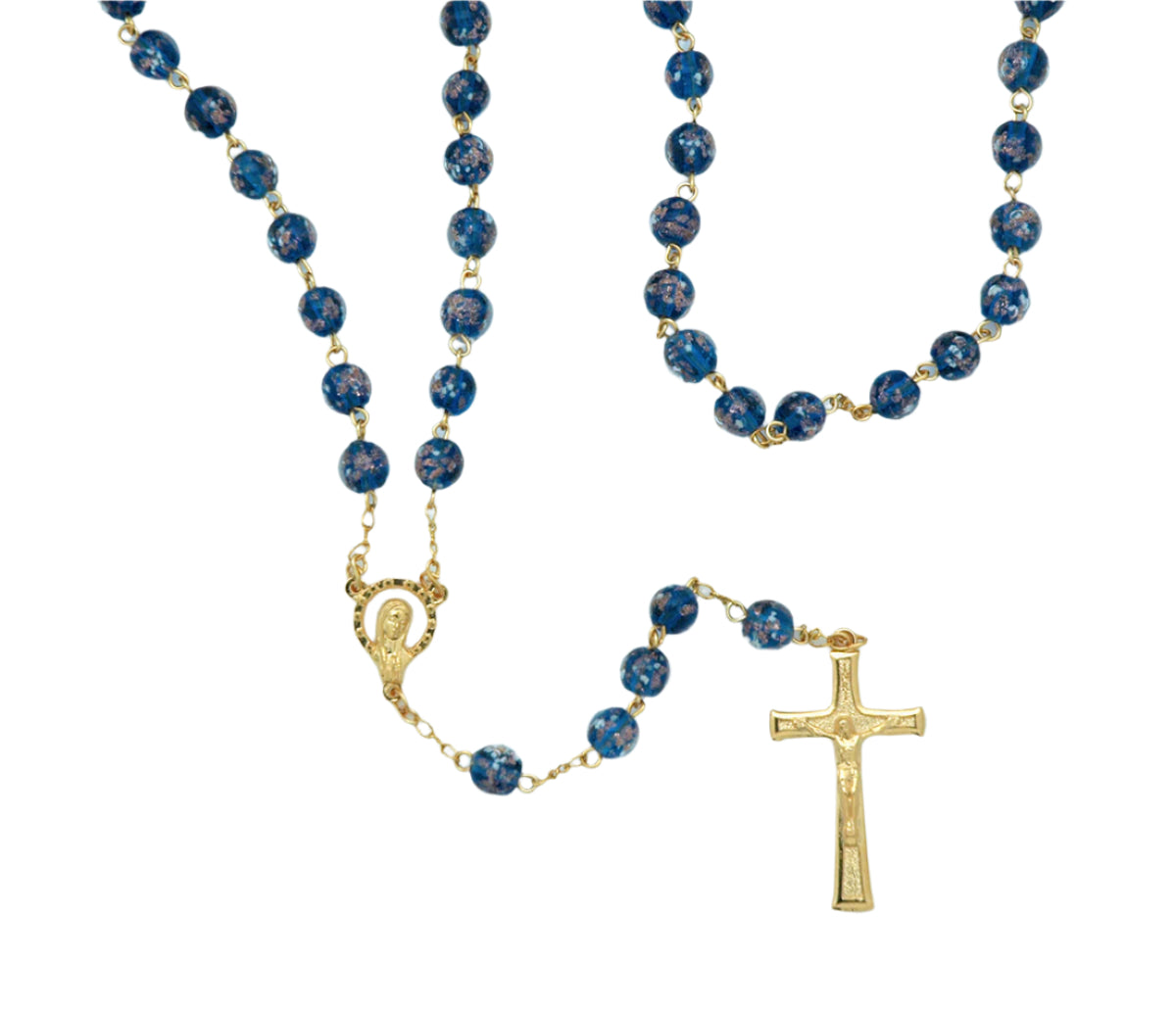 8mm luminous blue glass rosary with gold-tone detailed crucifix and center medal, beads designed for nighttime prayers