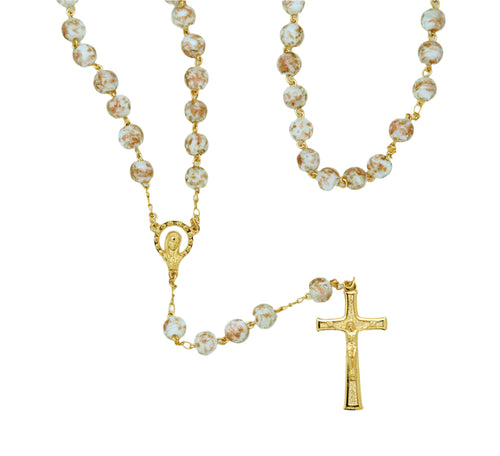 8mm white luminous glass rosary with gold-tone chain, detailed crucifix, and smooth round beads for prayer