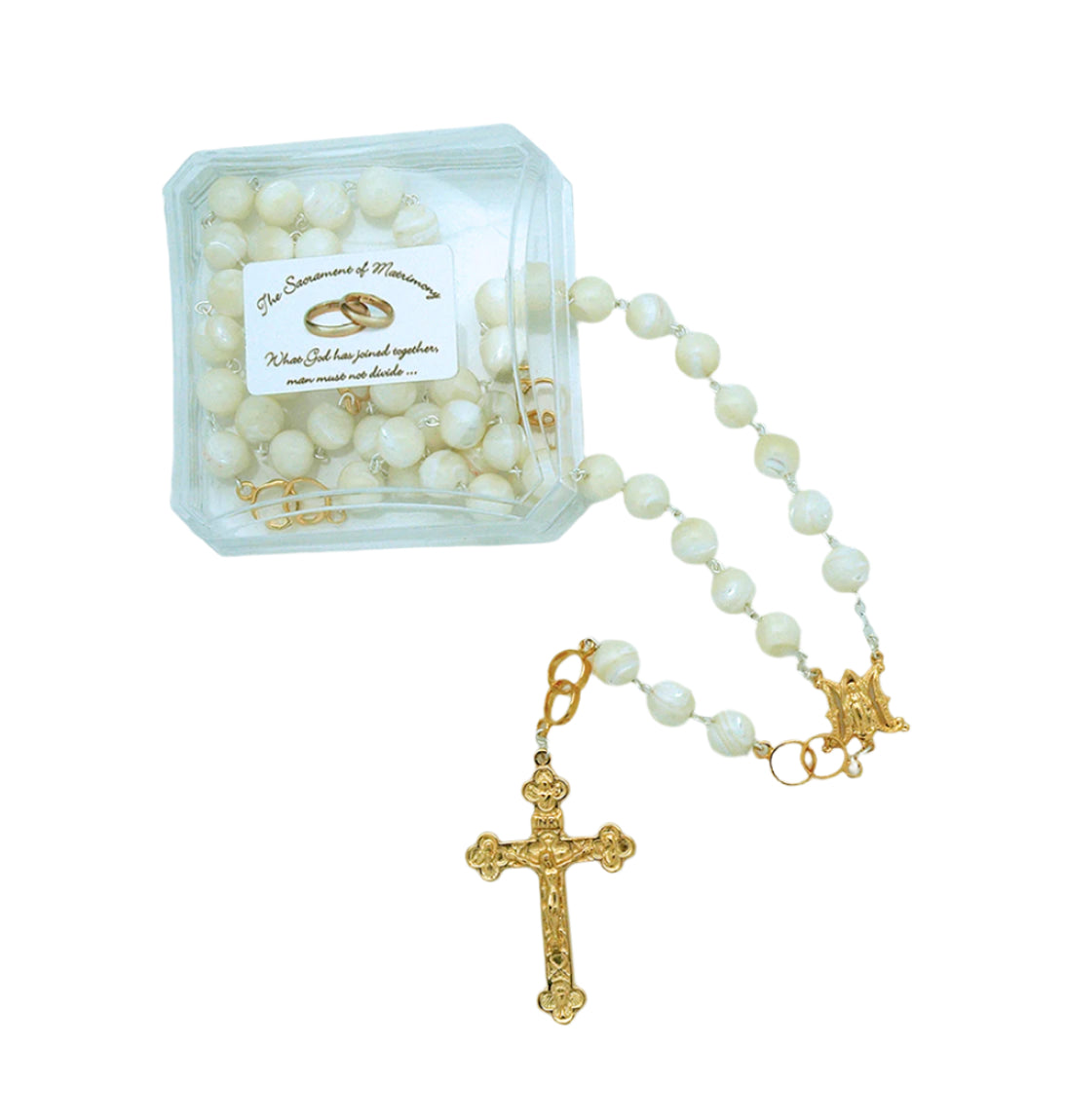 10mm Mother of Pearl bride’s rosary with gold-tone crucifix and delicate white beads in clear keepsake box