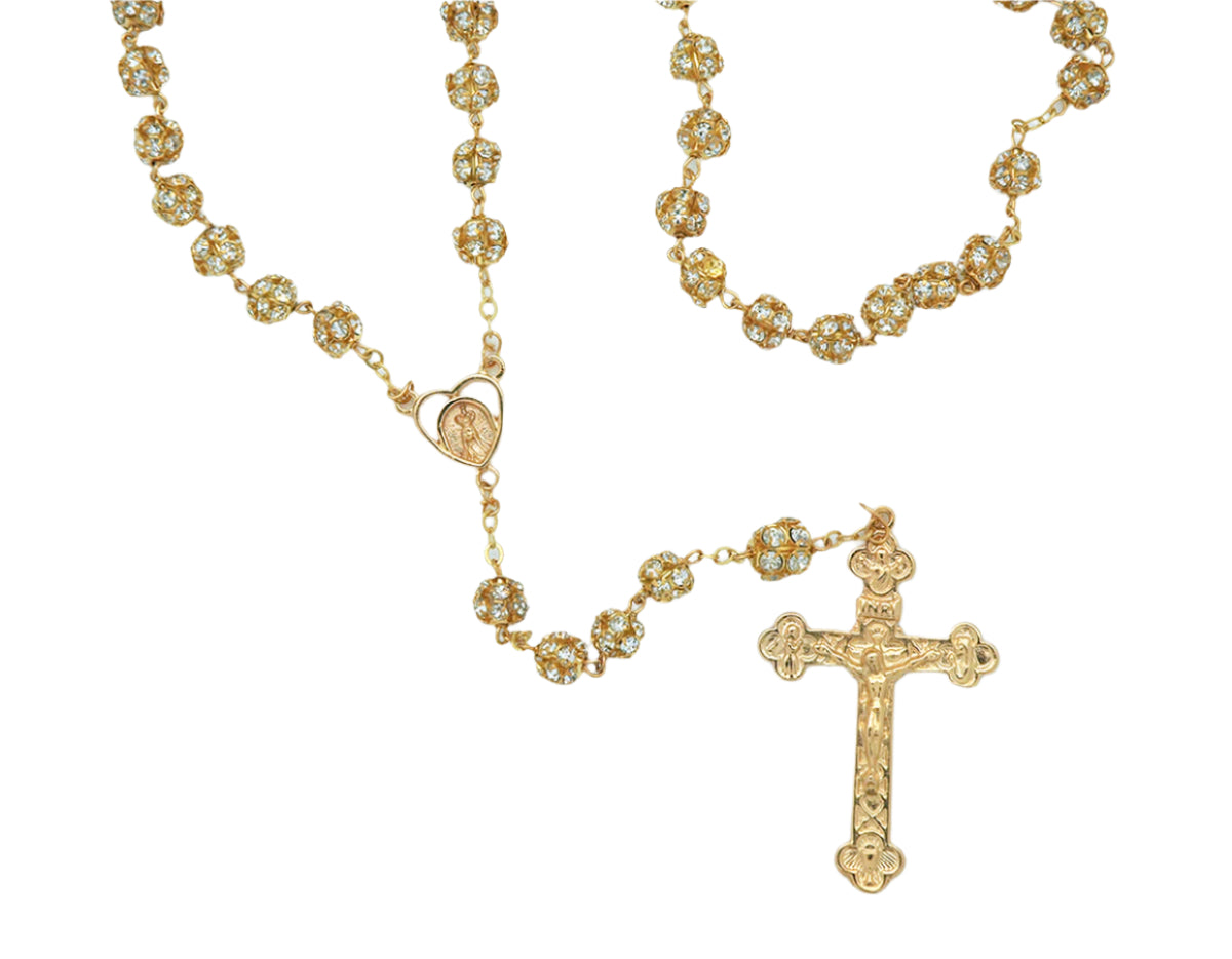 8mm gold and crystal rosary with detailed crucifix and heart centerpiece, elegant symbol of faith and devotion