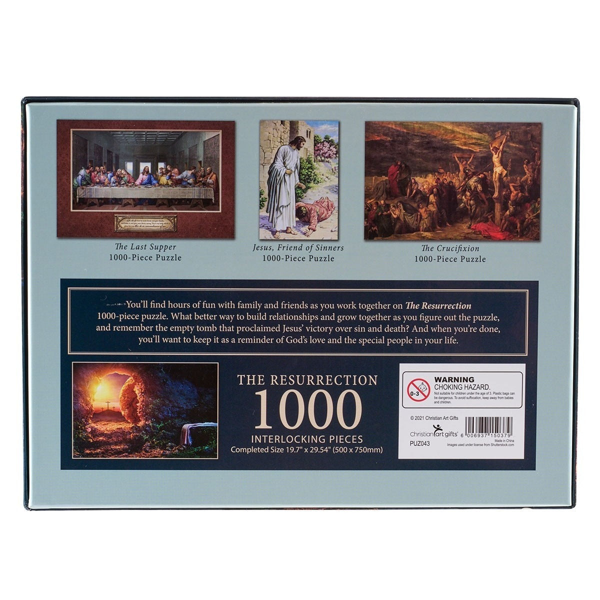 1000-piece Resurrection jigsaw puzzle box featuring biblical scenes including the empty tomb and crucifixion artwork