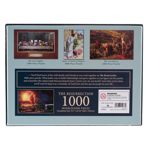 1000-piece Resurrection jigsaw puzzle box featuring biblical scenes including the empty tomb and crucifixion artwork
