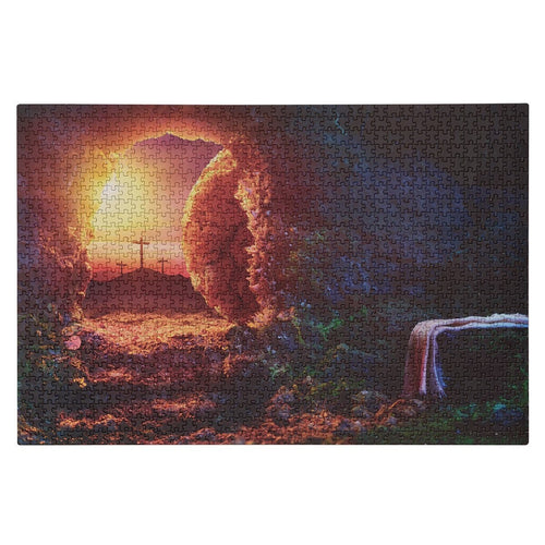 1000-piece jigsaw puzzle depicting the empty tomb of Christ with rolled stone and cross at sunrise background