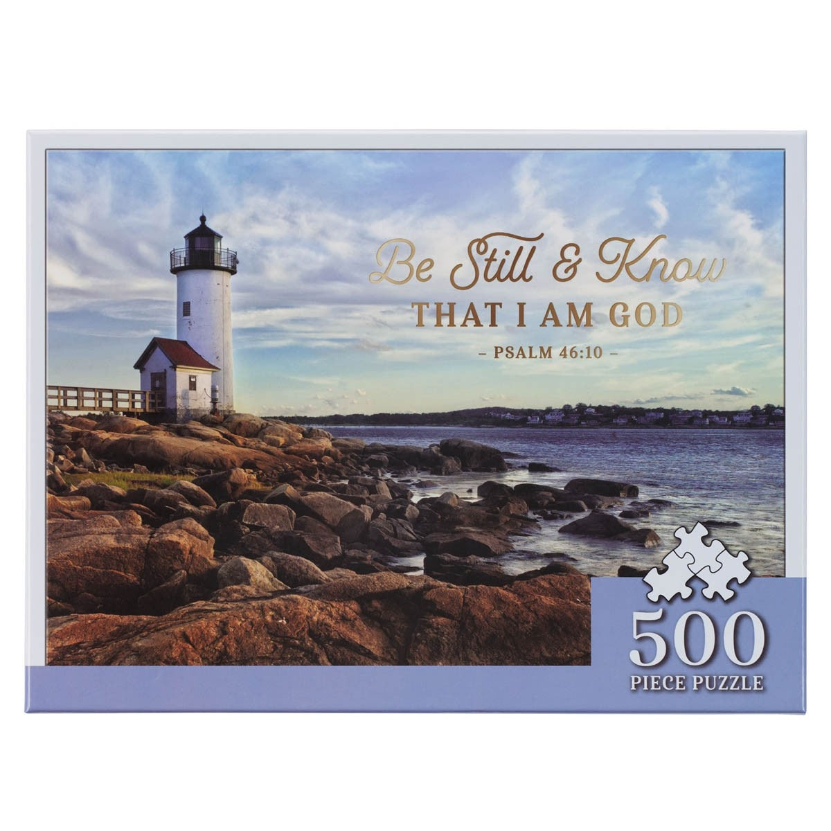 500-piece jigsaw puzzle featuring a lighthouse on rocky shore with Psalm 46:10 “Be Still & Know That I Am God” text