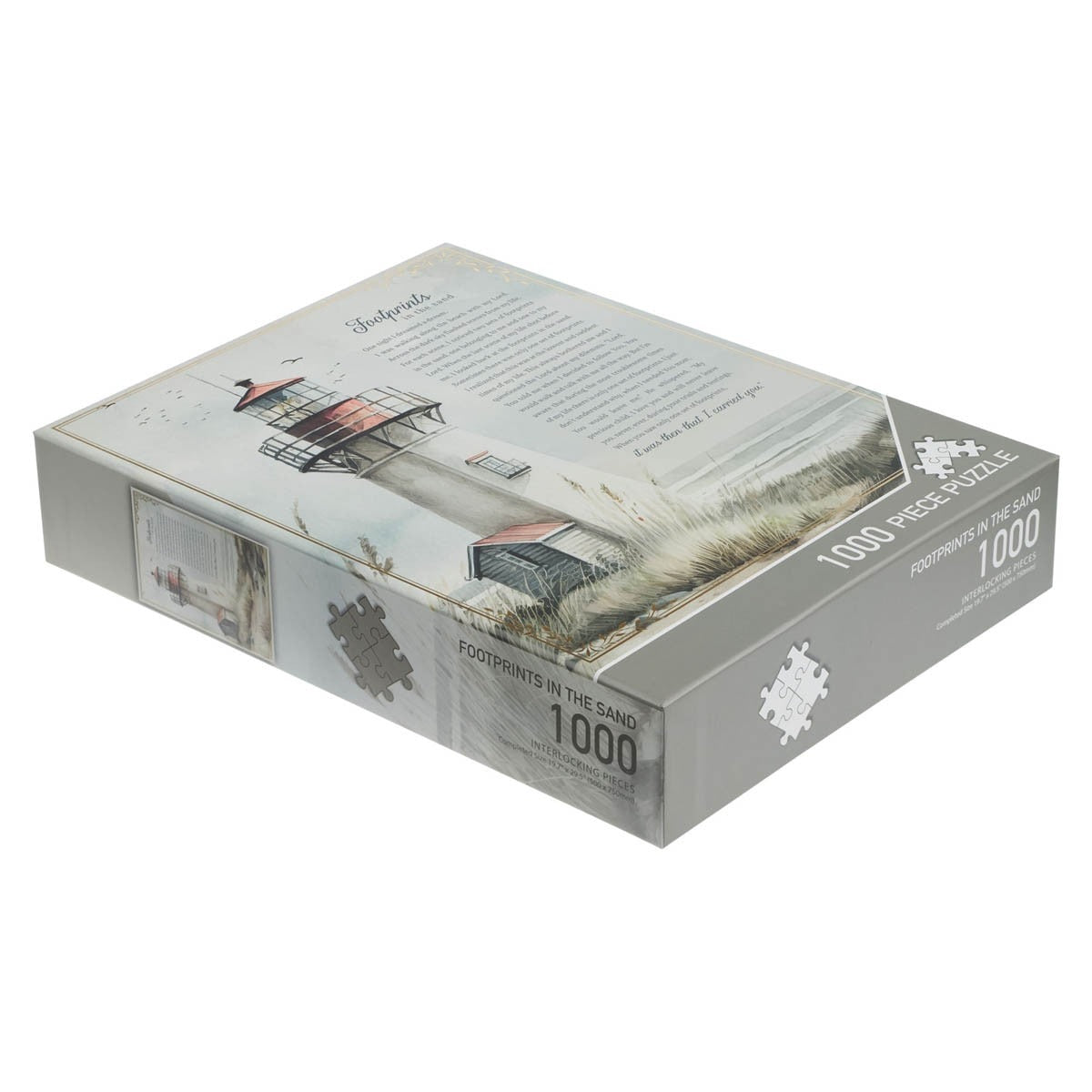 Box of Footprints 1000-piece puzzle featuring lighthouse and scripture text on soft coastal background