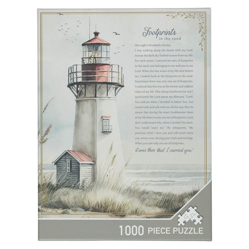 1000-piece puzzle featuring a coastal lighthouse with soft colors and the Footprints in the Sand prayer text