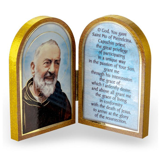 3 1/2" standing Padre Pio natural wood diptych with gold embossing, prayer text, and devotional image of Saint Pio