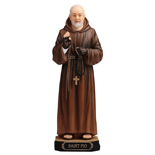 6 1/4" hand-painted St. Padre Pio polyresin statue holding black rosary with detailed cross on ornate base