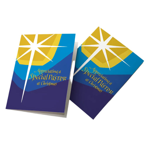 Christmas card with gold star and layered blue background, text reading Appreciating a Special Pastor at Christmas