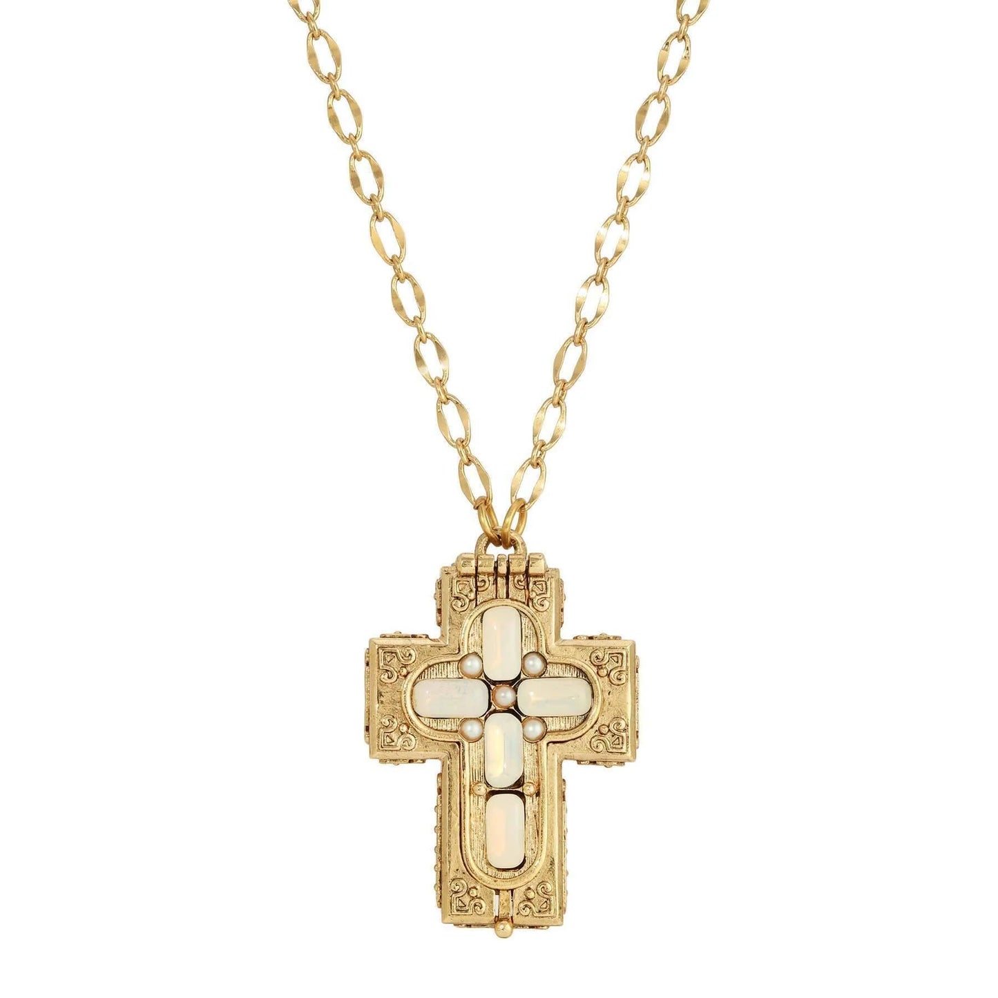 Gold-tone reliquary cross pendant necklace with white oval glass stones and faux pearl accents on chain