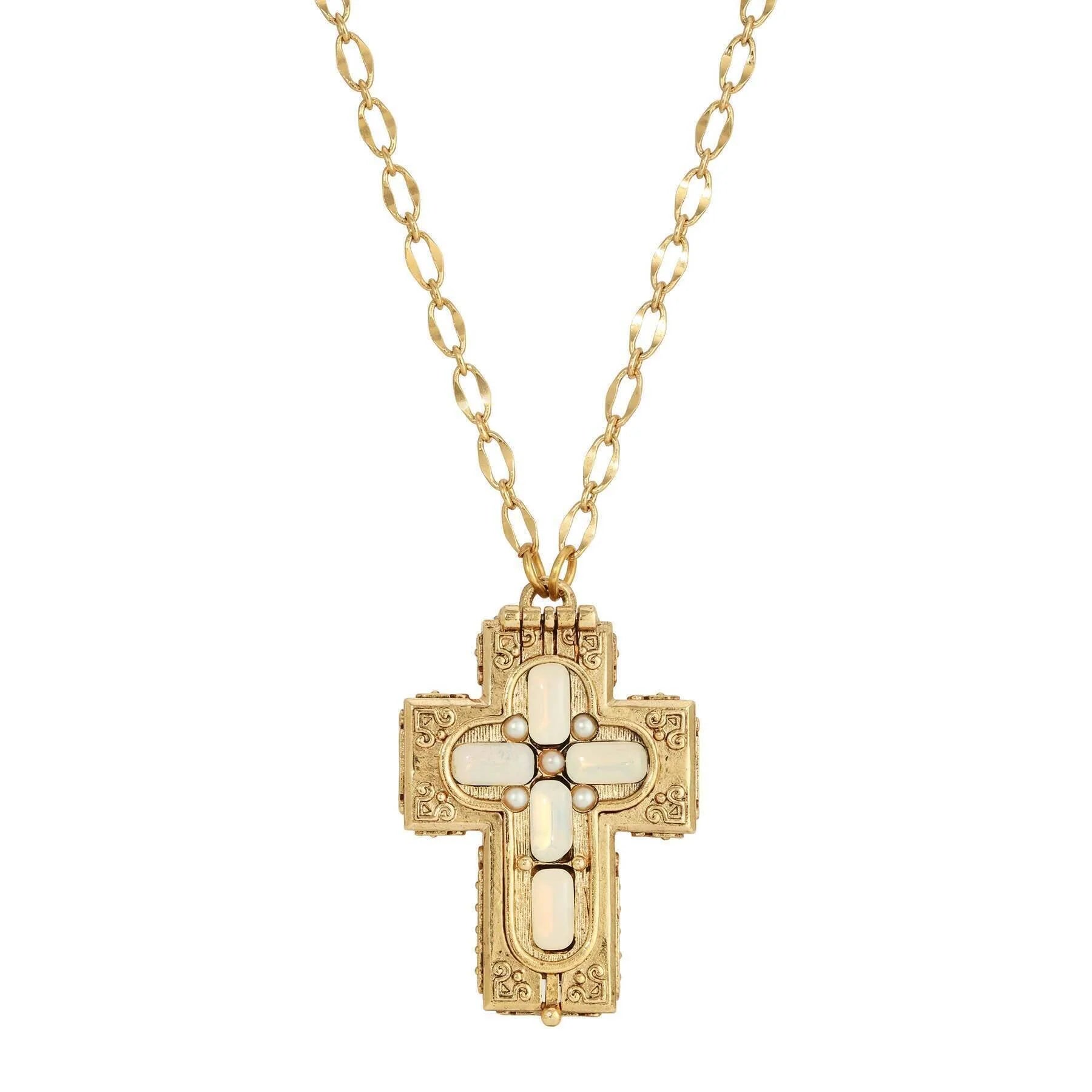 Gold-tone reliquary cross pendant necklace with white oval glass stones and faux pearl accents on chain