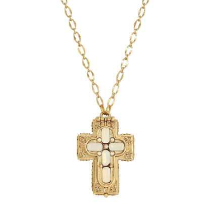 Gold-tone reliquary cross pendant necklace with white oval glass stones and faux pearl accents on chain