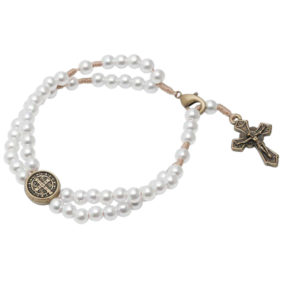 Pearl St. Benedict Medal Full Rosary Bracelet 5mm - Unique Catholic Gifts