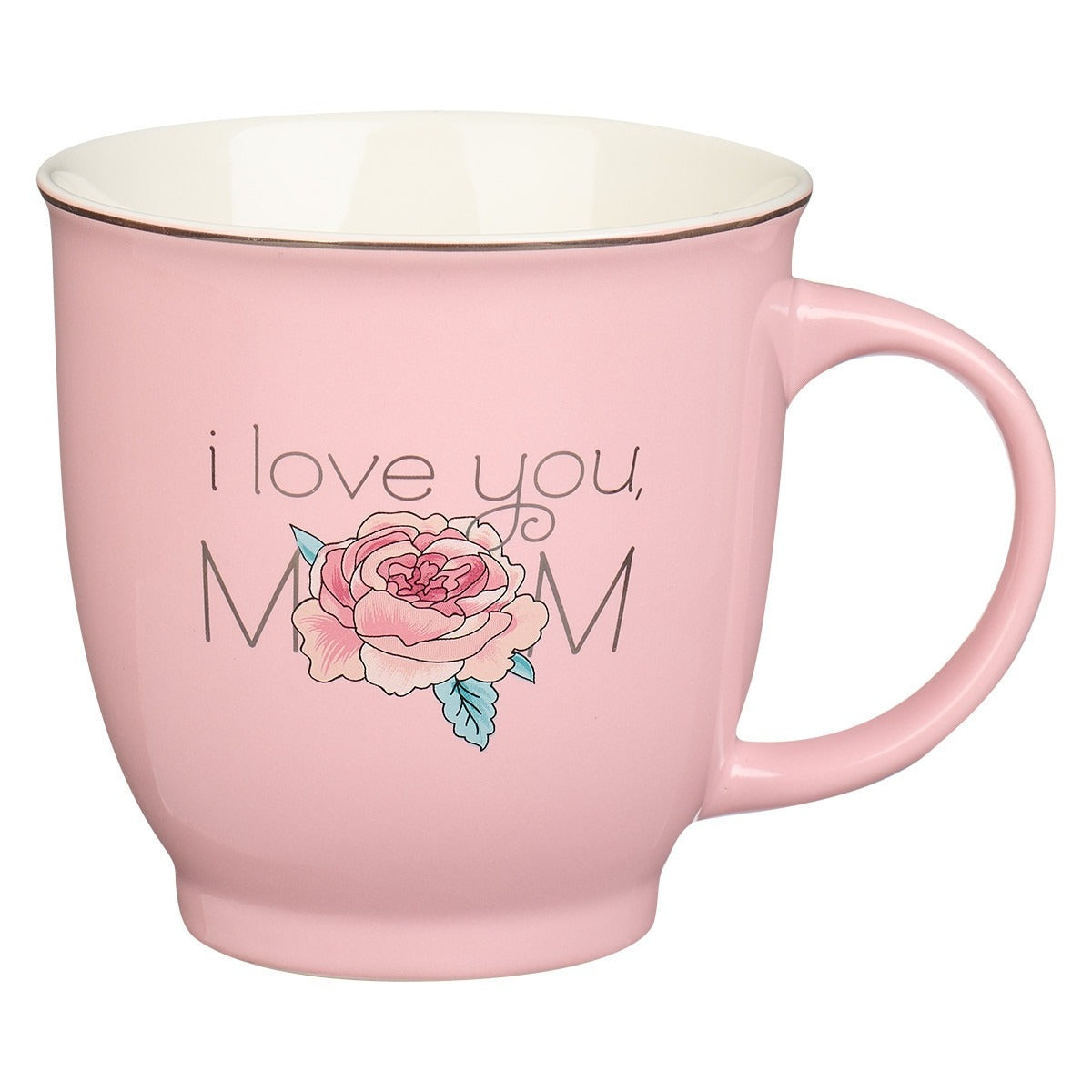 Petal pink ceramic mug with "I love you, Mom" text and detailed rose illustration, Proverbs 3:15 design