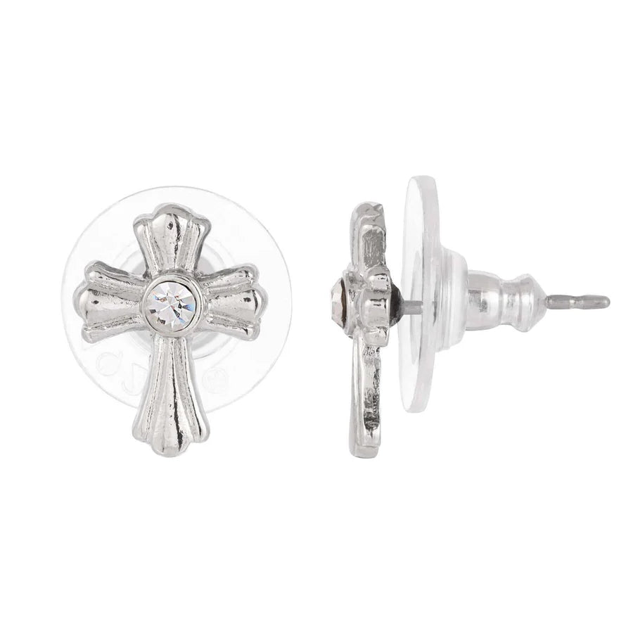 Petite silver cross stud earrings with a central clear crystal and surgical steel posts with clear backings