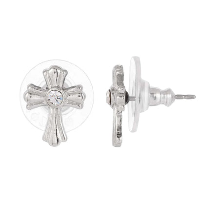 Petite silver cross stud earrings with a central clear crystal and surgical steel posts with clear backings