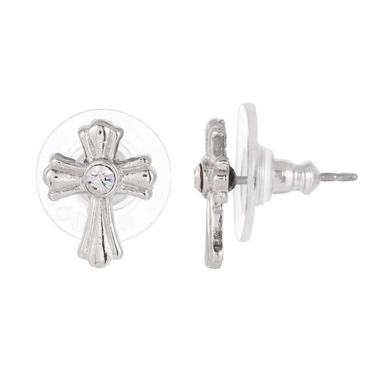 Petite silver cross stud earrings with a central clear crystal and surgical steel posts with clear backings