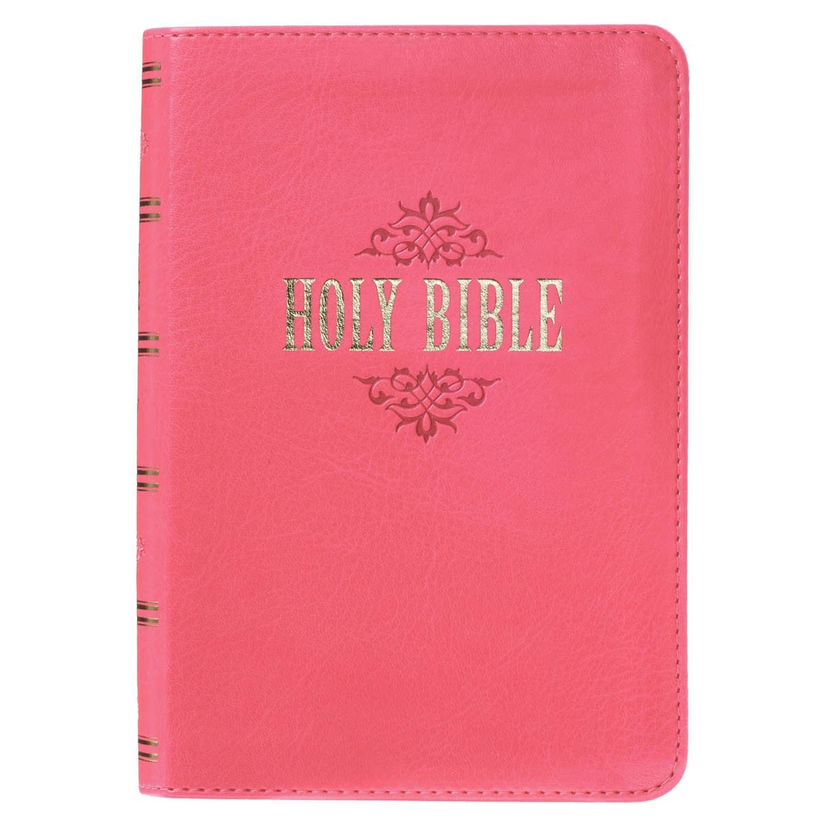 Pink faux leather large print compact King James Version Bible with gold foil Holy Bible title on cover