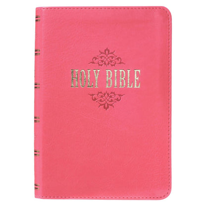 Pink faux leather large print compact King James Version Bible with gold foil Holy Bible title on cover