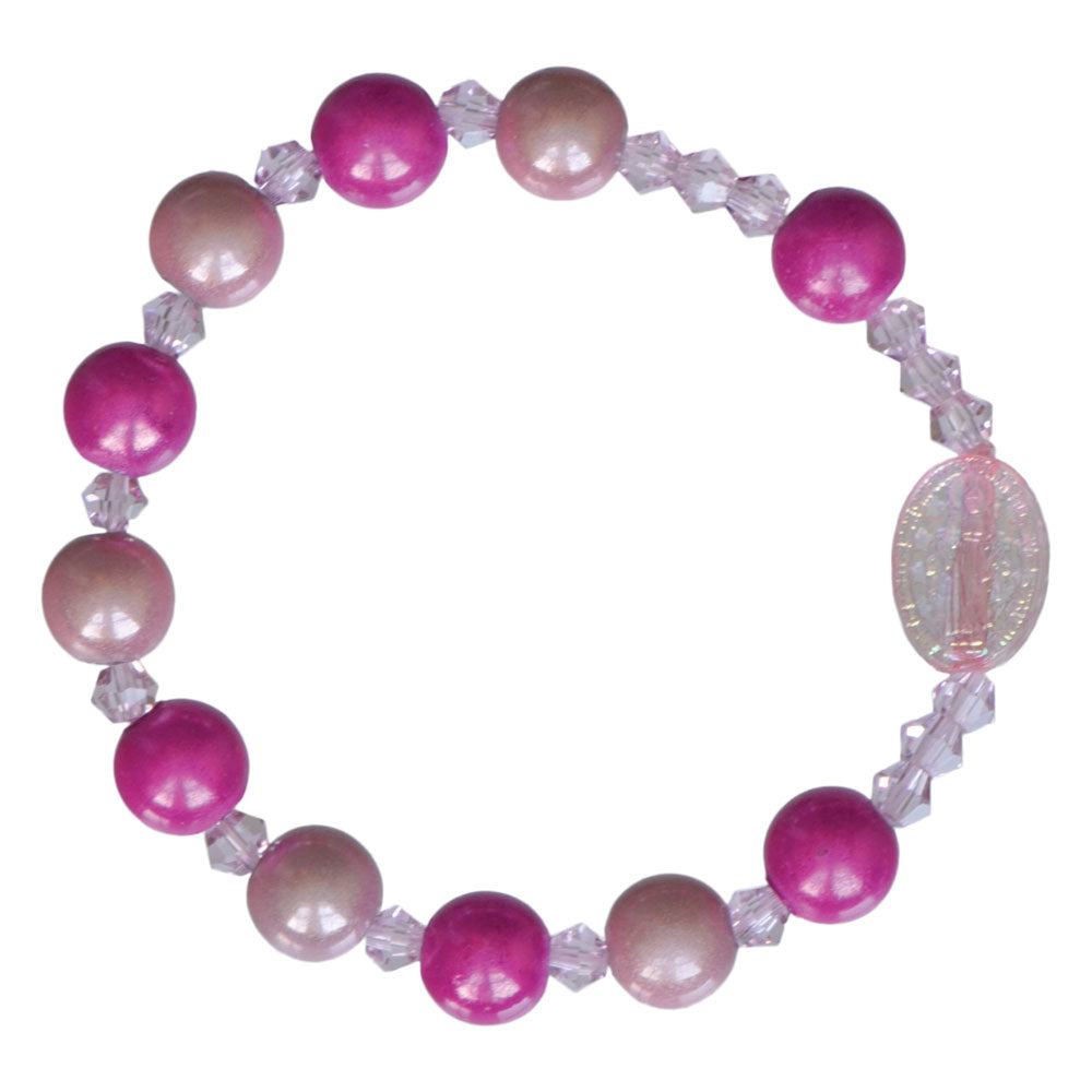 Children’s stretch rosary bracelet with smooth pink acrylic beads and Miraculous Medal centerpiece, 8mm beads, 1.75" size.