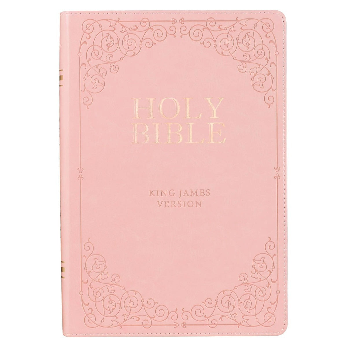 Pink faux leather full-size King James Version Bible with gold-foiled title and ornate embossed border design