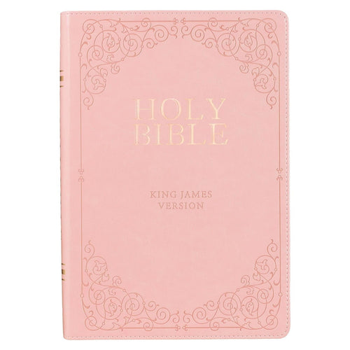 Pink faux leather full-size King James Version Bible with gold-foiled title and ornate embossed border design
