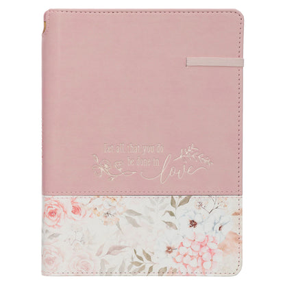 Pink floral classic journal with elastic closure, pen holder, and gold foil inspirational quote on cover.