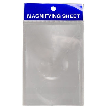 Clear rectangular Pocket Square Magnifying Sheet in plastic sleeve with blue header and white text label