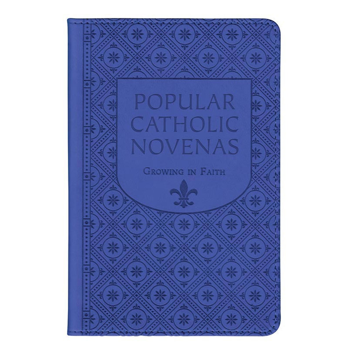Blue hardcover book titled Popular Catholic Novenas with patterned cover and Growing in Faith series emblem