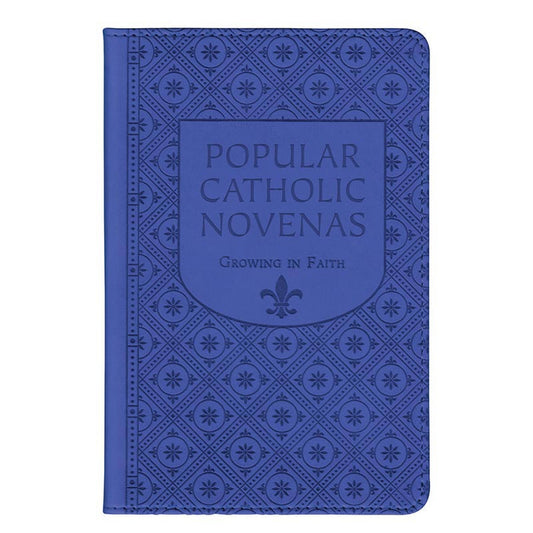 Blue hardcover book titled Popular Catholic Novenas with patterned cover and Growing in Faith series emblem