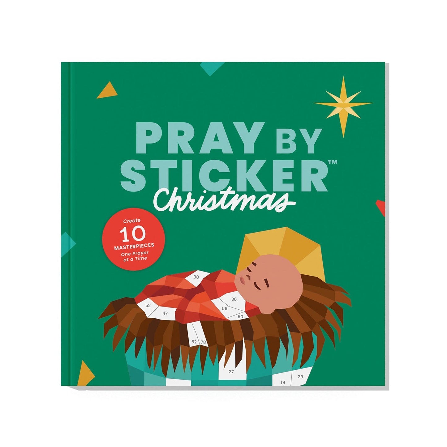 Green cover of Pray by Sticker Christmas sticker book featuring baby Jesus in manger with star and number guide