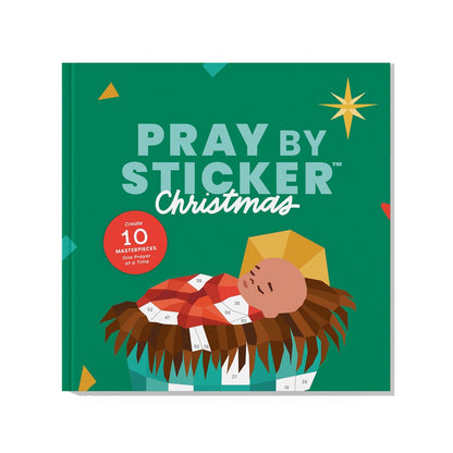 Green cover of Pray by Sticker Christmas sticker book featuring baby Jesus in manger with star and number guide