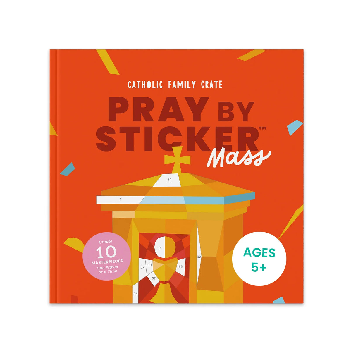 Orange cover of Pray by Sticker Mass Sticker Book with church illustration and age recommendation for children 5 and up