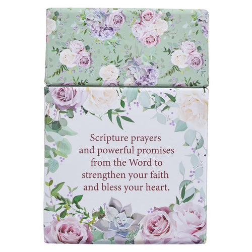 Box of blessings with floral design and text about scripture prayers and promises to strengthen faith and bless hearts