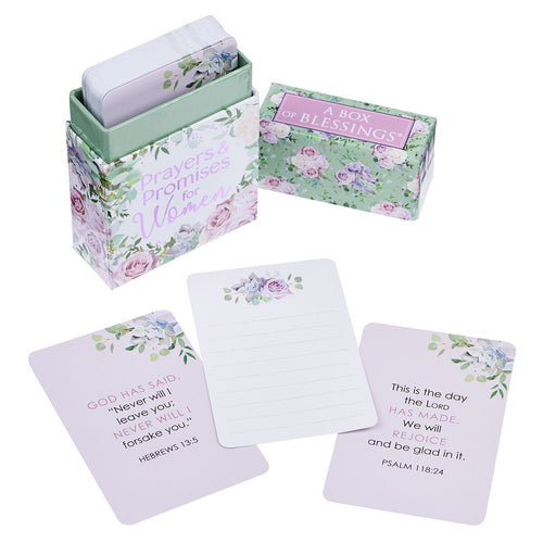 Floral box and cards set titled Prayers & Promises for Women with inspirational Bible verses on white background