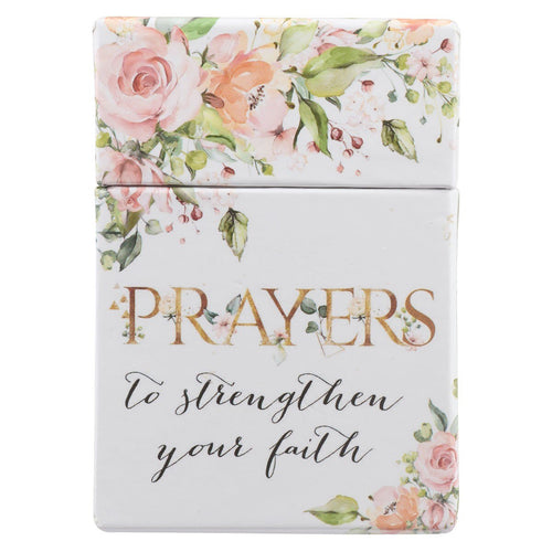 Box of blessings with 50 prayers to strengthen your faith in blush pink floral illustrated packaging