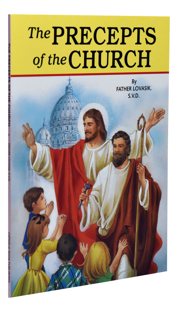 The Precepts of the Church book cover with illustrated religious figures and children in front of St. Peter’s Basilica background
