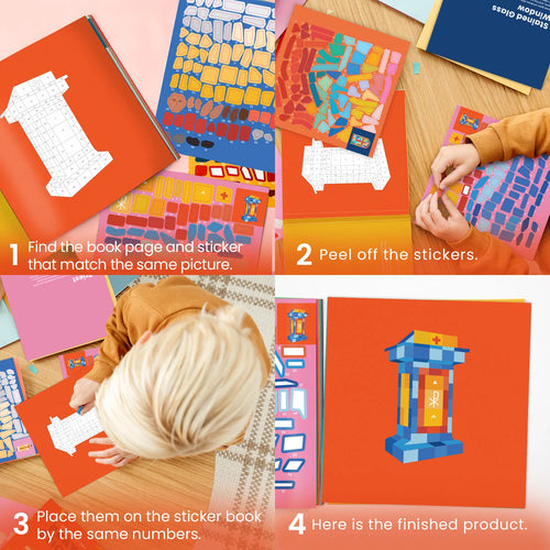Four-panel collage showing child placing numbered stickers on a Pray by Sticker Mass Sticker Book page to complete an altar illustration