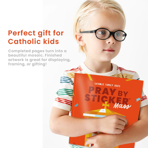 Young boy with glasses holding orange Pray by Sticker Mass Sticker Book for Catholic kids gift idea