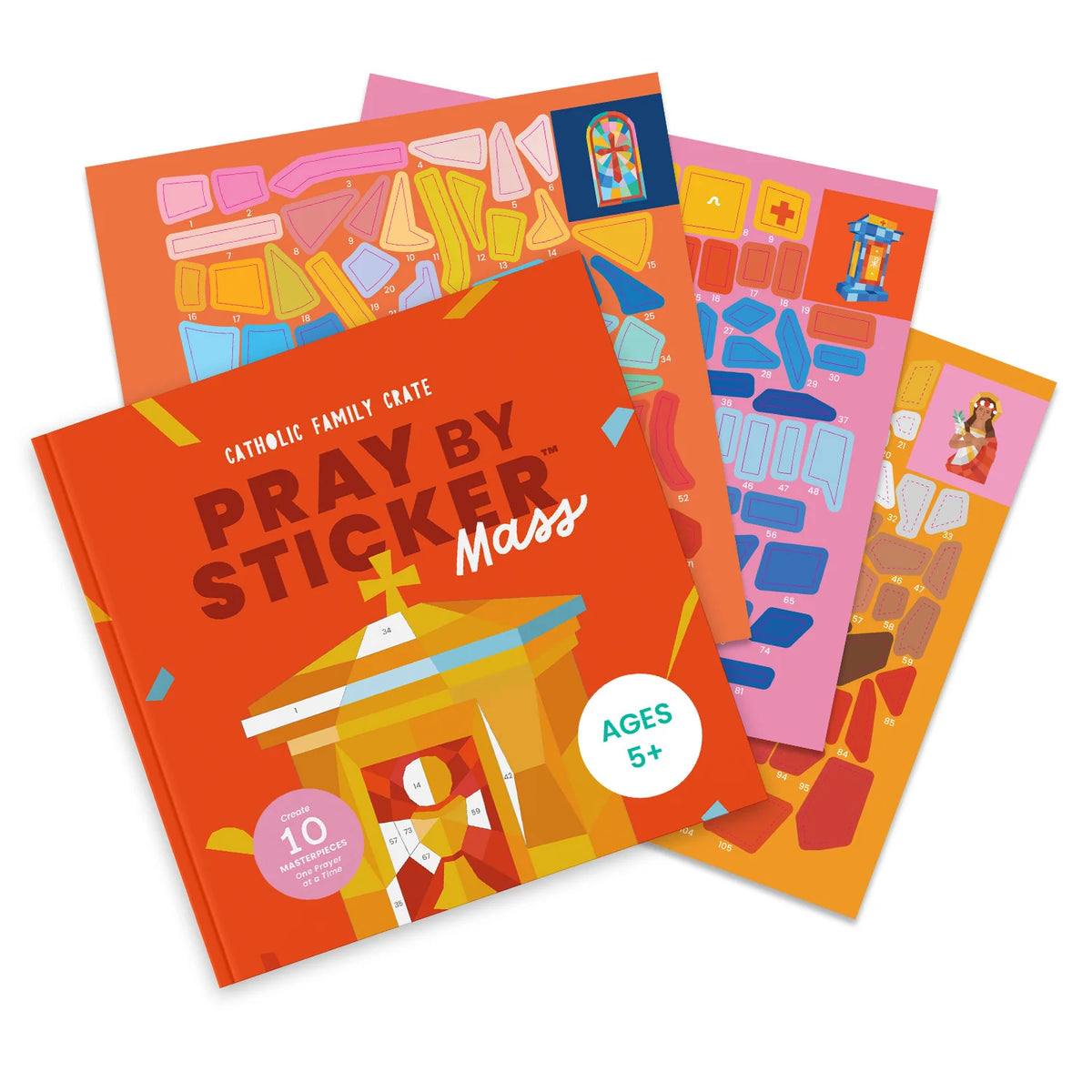Pray by Sticker Mass Sticker Book for ages 5 and up with colorful interactive sheets and Catholic illustrations