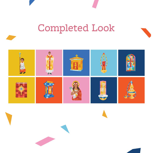 Colorful illustrated stickers of Mass-related items and figures arranged in two rows under Completed Look text