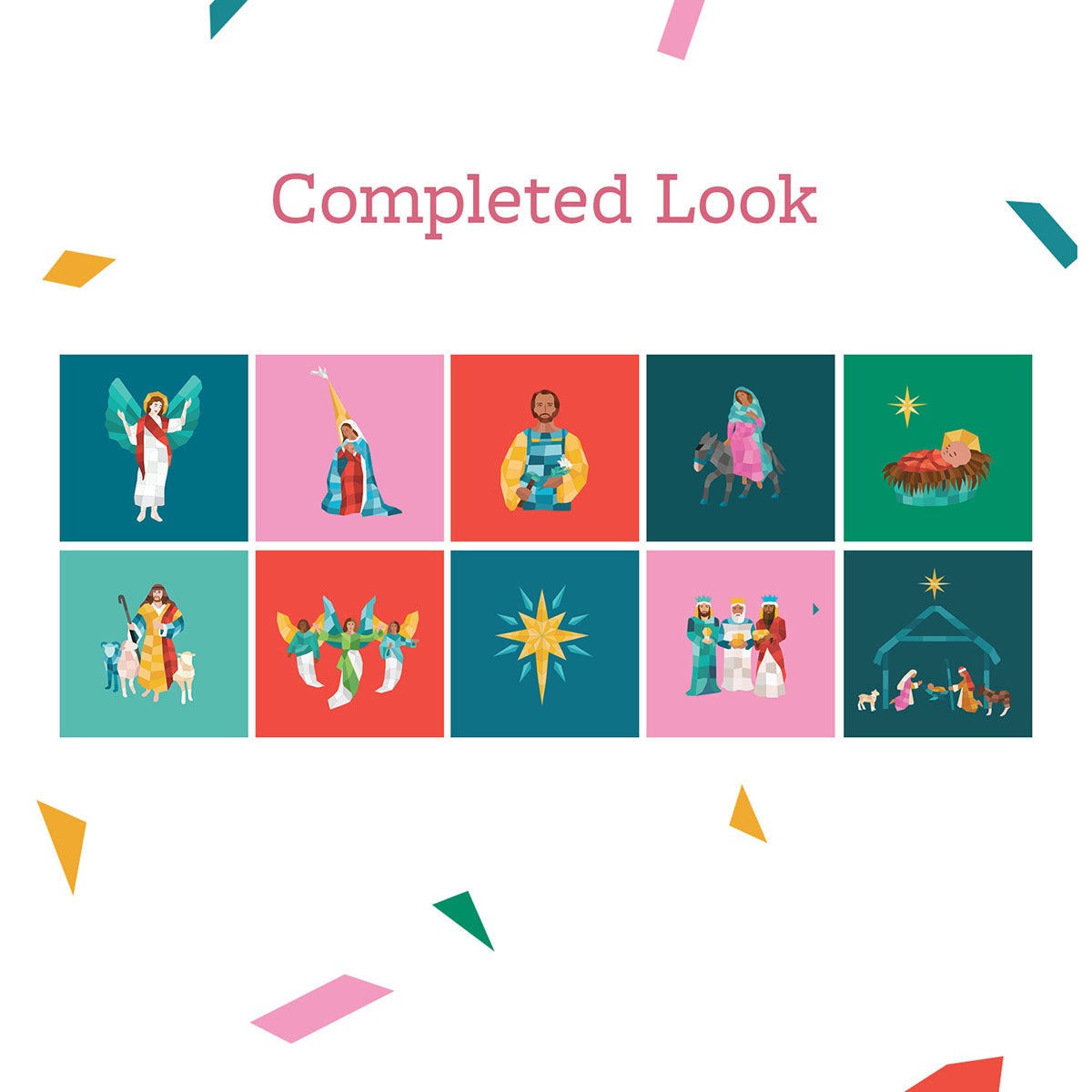 Set of colorful illustrated stickers featuring nativity and Christmas biblical scenes for Catholic children’s sticker book