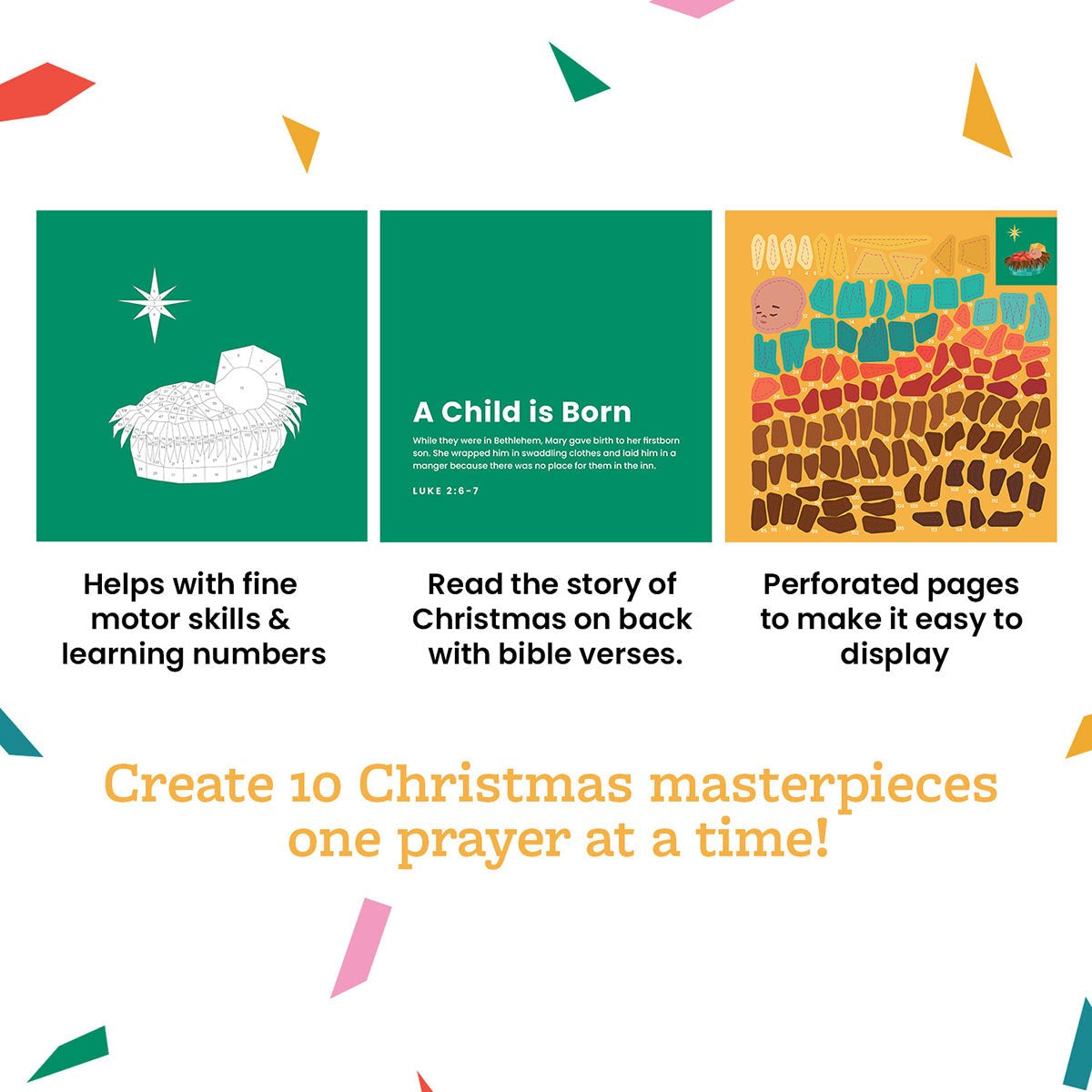 Three panels showing nativity scene outline, scripture verse, and colorful sticker pieces from Christmas sticker activity book