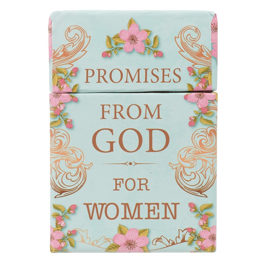 Promises From God For Women Box of Blessings with floral design and gold lettering on light blue background.
