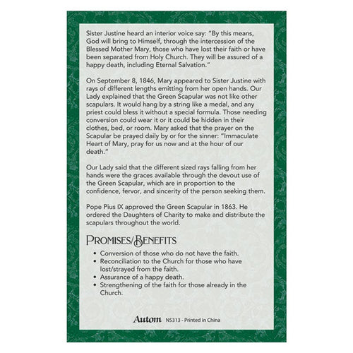 Two-sided card explaining the history, promises, and prayers of the cordless Green Scapular with green border