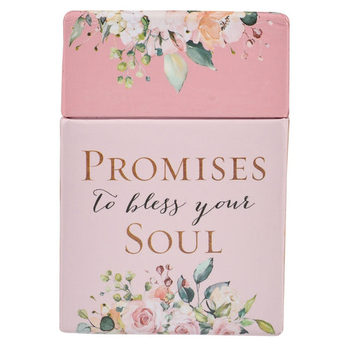 Promises to Bless Your Soul Box of Blessings with floral design and gold lettering on soft pink background