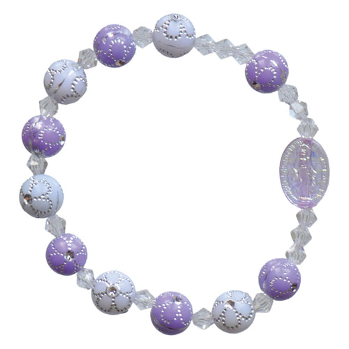 Children’s stretch rosary bracelet with purple and white flower acrylic beads and oval centerpiece medal