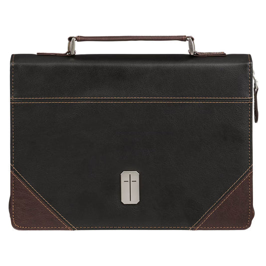 Pursue Righteousness Black and Walnut Brown Faux Leather Classic Bible Cover - 1 Timothy 6:11 Extra Large