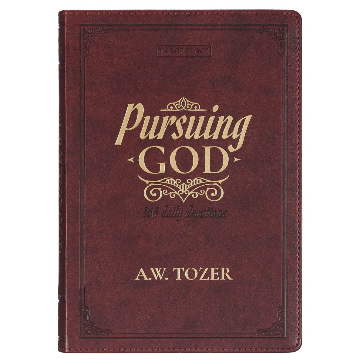 Pursuing God large print devotional book in saddle tan faux leather with gold embossed title and decorative border
