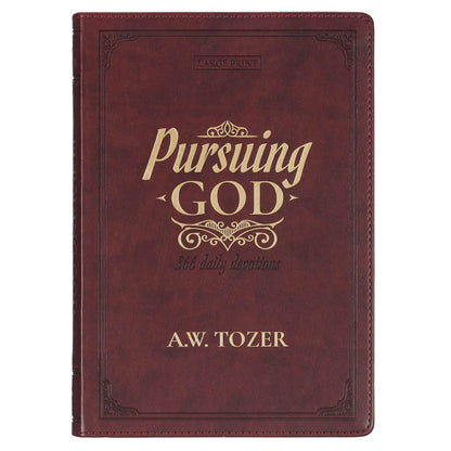 Pursuing God large print devotional book in saddle tan faux leather with gold embossed title and decorative border